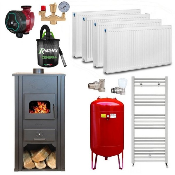 Pachet Termosemineu pe lemn Termax Thermis, 24.43 kW, randament 85.10%, 155 m², Calorifere, Pompa Recirculare, Grup siguranta, Vas expansiune, Robineti tur/retur, Aspirator cenusa