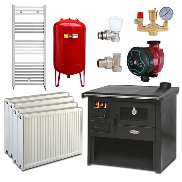 Pachet Termosoba pe lemn Termax Voinic, 12.05 kW, evacuare pe dreapta, cuptor integrat, randament 85.29%, 80 m², Calorifere, Pompa Recirculare, Grup siguranta, Vas expansiune, Robineti tur/retur