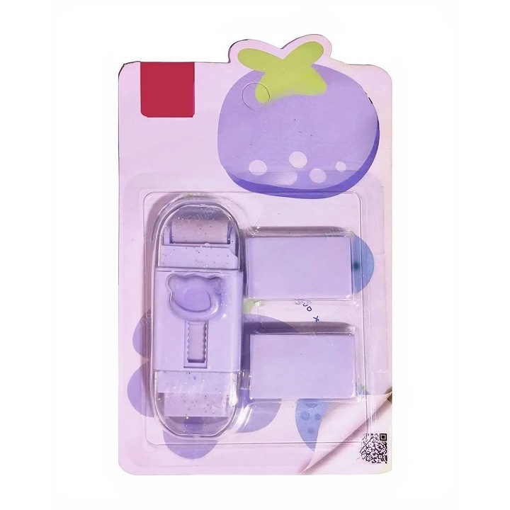 Radiera Retractabila, Model Ursulet, Reglare Push-Pull, Radiera de tip Push, Doua Radiere de Rezerva in set din Cauciuc, Mov