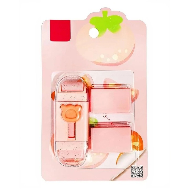 Radiera Retractabila, Model Ursulet, Reglare Push-Pull, Radiera de tip Push, Doua Radiere de Rezerva in set din Cauciuc, Roz deschis