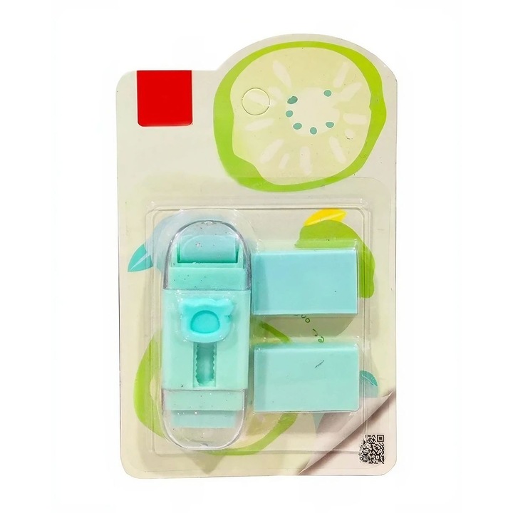 Radiera Retractabila, Model Ursulet, Reglare Push-Pull, Radiera de tip Push, Doua Radiere de Rezerva in set din Cauciuc, Verde deschis