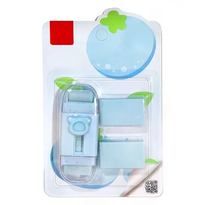 Radiera Retractabila, Model Ursulet, Reglare Push-Pull, Radiera de tip Push, Doua Radiere de Rezerva in set din Cauciuc, Albastru deschis