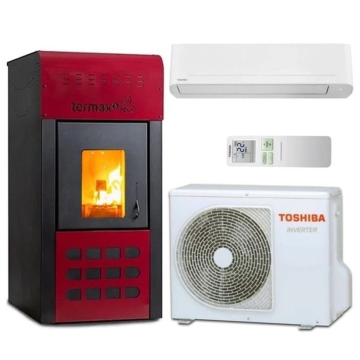 Pachet incalzire si racire - Termosemineu pe peleti Termax Kamin ECO, 25 kW + Aparat de aer conditionat Toshiba Yukai 13000 BTU
