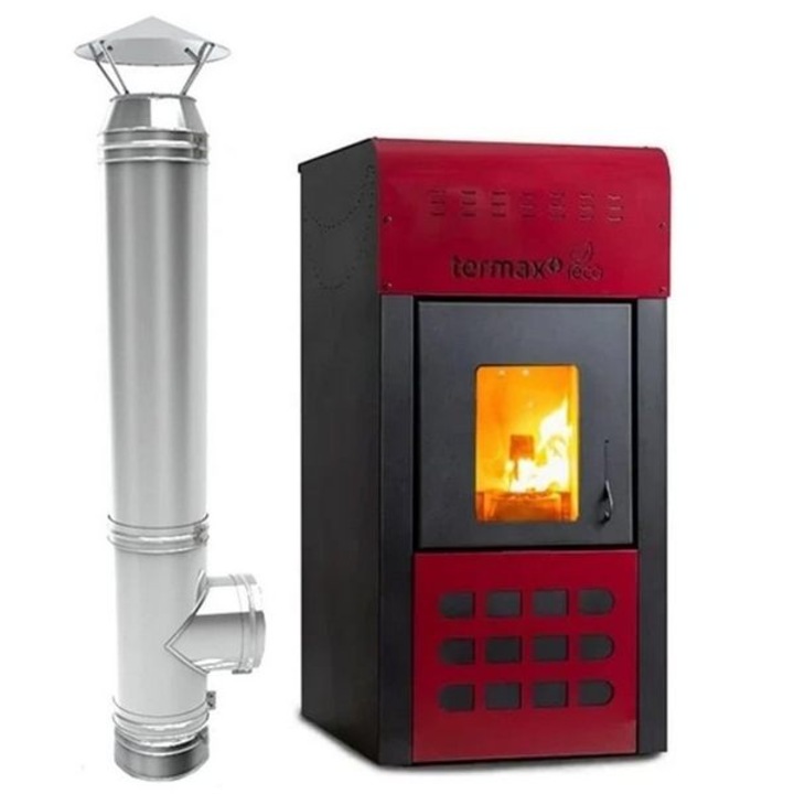 Pachet Termosemineu pe peleti Termax Kamin ECO, 25 kW, 160 mp, buncar peleti 45 kg, volum apa 42 litri, diametru cos ⌀80 mm, vas expansiune, pompa recirculare incluse si scos de fum din inox cu dublu perete, inaltime 4 metri, diametru interior ⌀80 mm