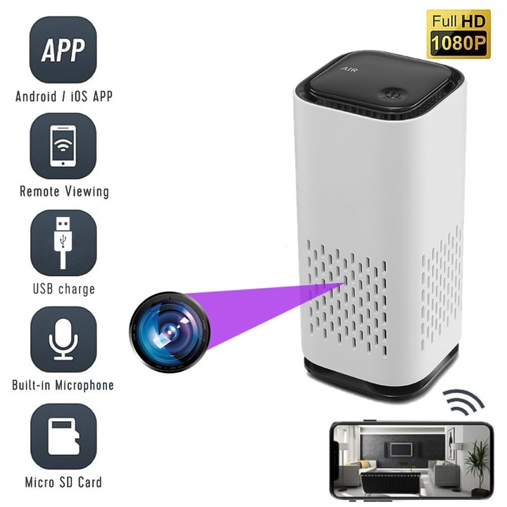 Camera Spion WBC-W Ascunsa in Purificator de Aer Portabil, WIFI, Full HD, Inregistrare Audio-Video, Detectia Miscarii, Vizualizare Live