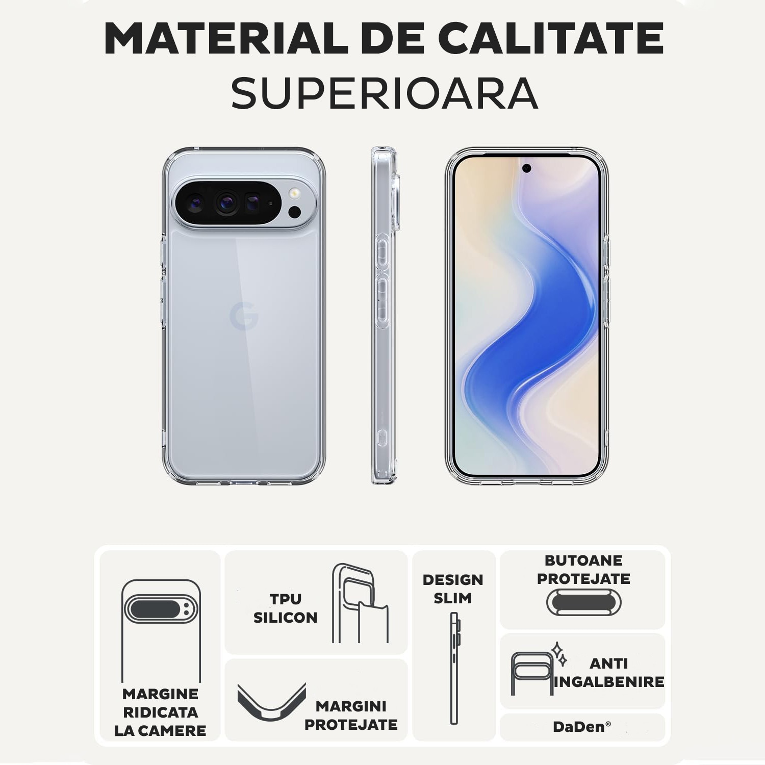 Husa pentru Google Pixel 10 / 10 Pro Daden® Transparent Clear, Protectie Camera, Antisoc, Transparenta