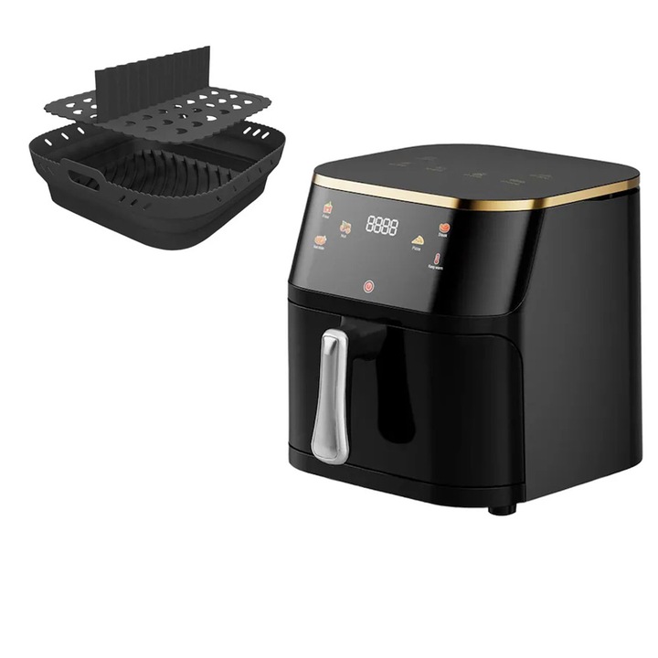 NEXTLY 1400W Forrólevegős fritőz szett és szilikon forma, érintővezérlés, 10L kapacitás, megvilágított belső, ablak, 7 előre beállított program ételekhez, állítható hőmérséklet 80-210°C, állítható idő, digitális kijelző, fekete