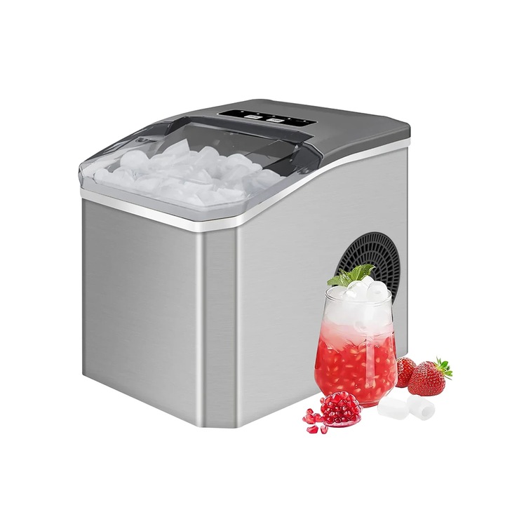 Aparat de facut cuburi de gheata NEXTLY, icemaker, capacitate 15kg/24ore, rezervor apa 1, 2L, 9 cuburi la 6 minute, functie de auto curatare, doua dimensiuni de cuburi S/L, argintiu