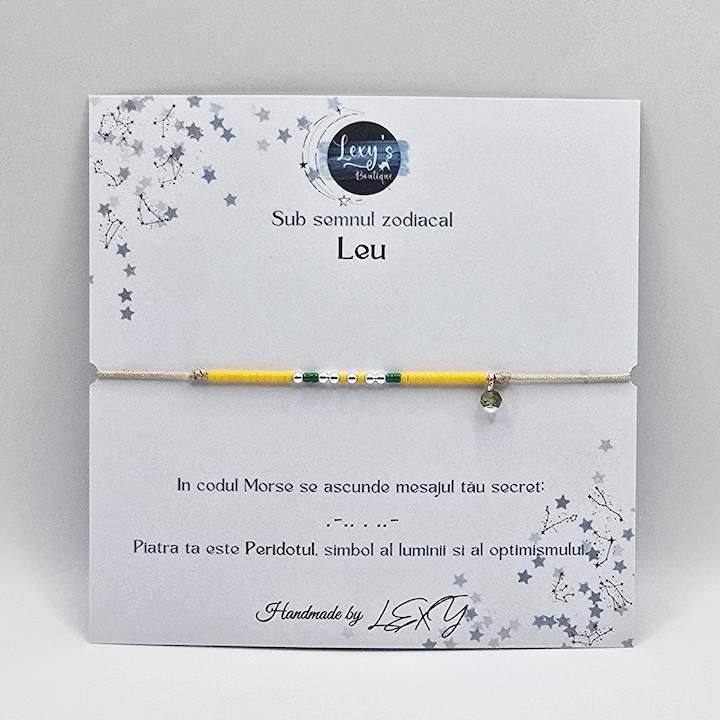 Bratara cod Morse, zodia Leu, marime ajustabila, margele Miyuki colorate, margele din Argint 925 si Peridot