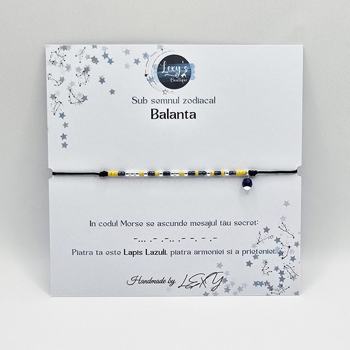Bratara cod Morse, zodia Balanta, marime ajustabila, margele Miyuki colorate, margele din Argint 925 si Lapis Lazuli