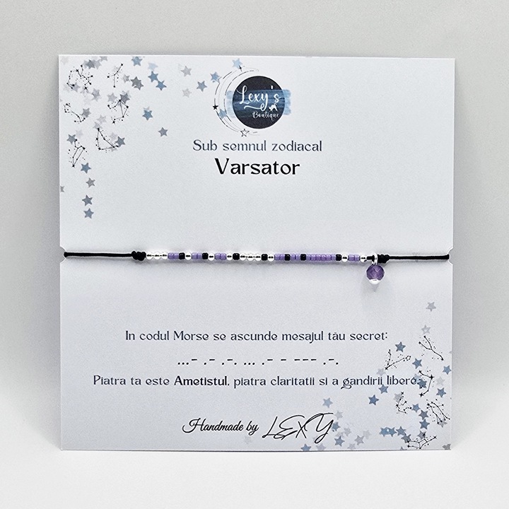 Bratara cod Morse, zodia Varsator, marime ajustabila, margele Miyuki colorate, margele din Argint 925 si Ametist