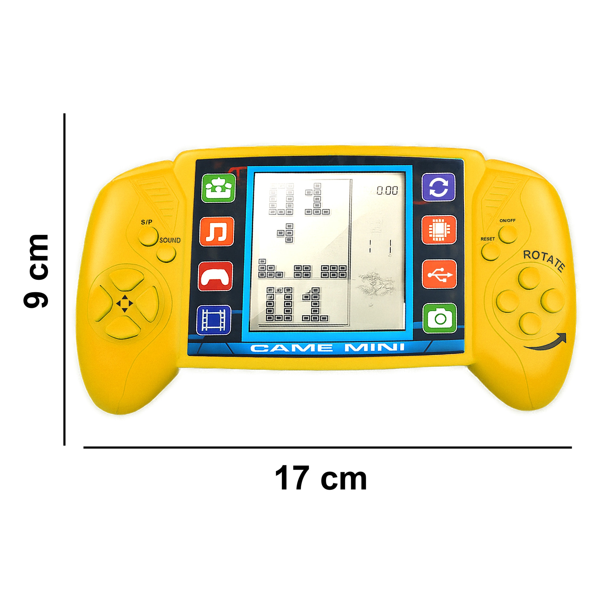 Consola Retro Portabila RETOO TechPro, 7 Jocuri de Logica, Alimentare 2 Baterii AA (1, 5 V), Destinat Copiilor si Adultilor, Se Potriveste Perfect in Mana, Antreneaza Observarea, Reflexele si Gandirea Logica, 17 cm x 2, 5 cm x 9 cm, Galben