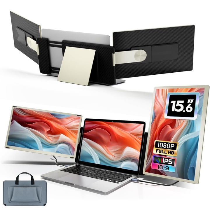 Monitor Extensibil Triplu pentru Laptop de 13"-17.3", cu Ecran de 15.6 inch, Afisaj IPS Full HD 1080P, 60Hz, Contrast 1.000:1, Compatibil Windows/MacOS/Linux/Android, Design Portabil si Pliabil, Plug & Play, Port USB-C, Geanta de Transport Inclusa, Negru