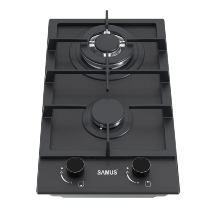 Plită incorporabilă Samus, 2 ochiuri, arzător WOK, sticlă neagră, 60x50cm