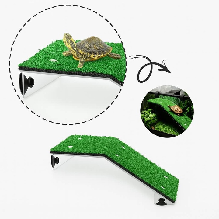 Platforma testoase acvariu Dophin TL-20 Turtle Ladder 22x7 cm, acril transparent cu gazon artificial antiderapant, insula testoase stabila, platforma bazin broaste testoase