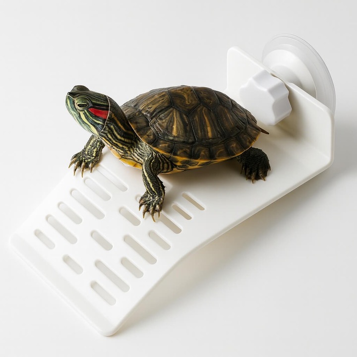 Platforma mica broasca testoasa model 16x9 cm, ABS alb, cu ventuza si compartiment hrana – insula testoaselor mici, accesorii acvariu broasca testoasa importante