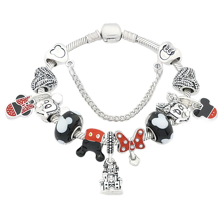 Bratara copii Disney Mickey si Minnie, Aliaj - Margele din Sticla Rosie cu Pandantiv Peach Heart Castle - Cadou pentru Fetite de Ziua de Nastere si Craciun (17 cm)