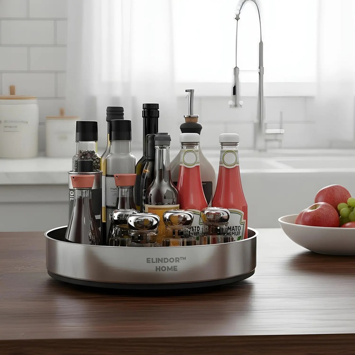 Въртящ се органайзер 360° Elindor®, Неръждаема стомана 304, 1 ниво, За подправки, кафе, чай, буркани, бутилки, козметични продукти, аксесоари за баня, подправки, шкафове, чекмеджета, кухня, баня, офис, Незалепваща повърхност, 19.5x6 см, Сребрист