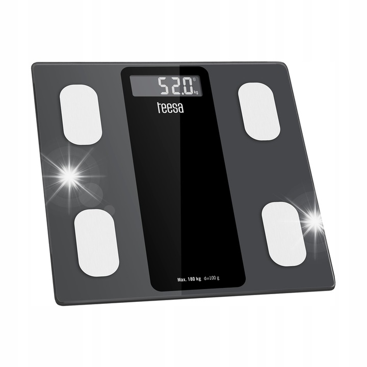 Teesa fürdőszobai mérleg testösszetétel-elemzéssel, Bluetooth, LCD kijelző, 26x26x2,3cm, max. 180kg