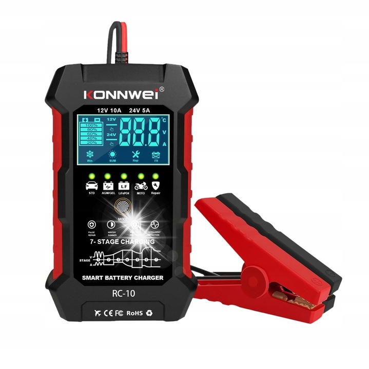 Konnwei RC-10 autó akkumulátortöltő, 12-24V, 5A/10A, AGM, EFB, LiFePO4 akkumulátorokhoz