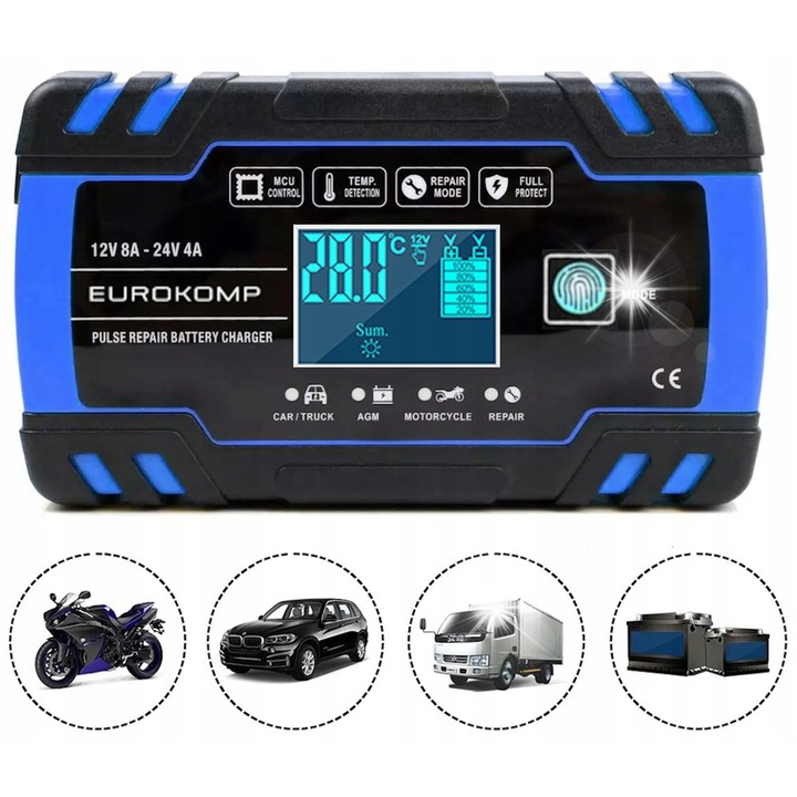 Autós töltő FOXSUR FBC 122408B, 12V 8A-24V 4A, kicsi, LCD, 30x18x9cm