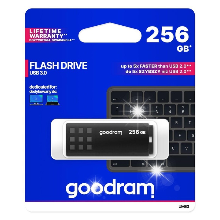 Pendrive 256GB GoodRam USB 3.0, fekete, 55x21mm