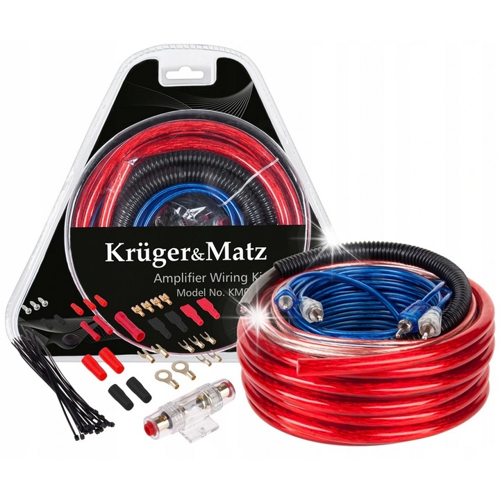 Kruger&Matz erősítő kábel szett, 4GA, 60A, 6m, RCA, szerelési tartozékok