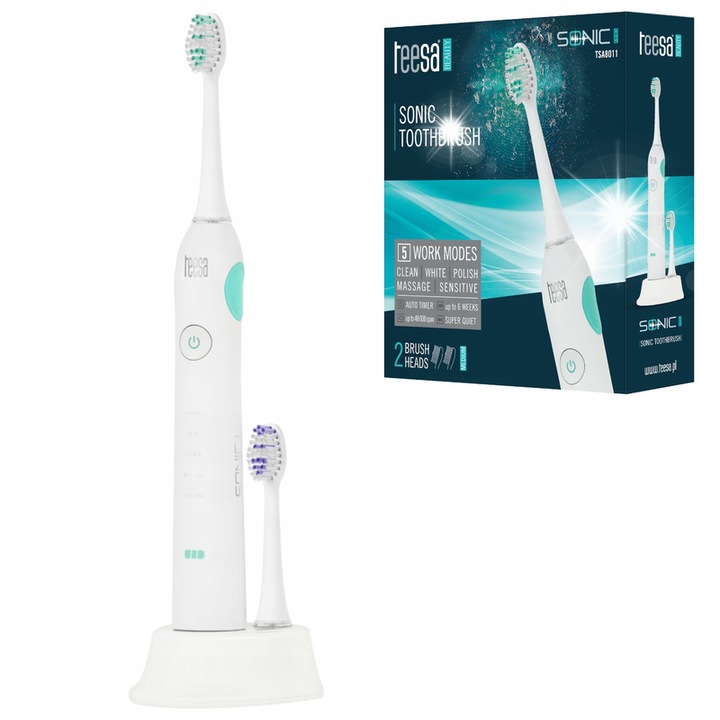 Teesa Sonic PRO elektromos fogkefe, 5 üzemmód, induktív töltés, 2 fej, fehér