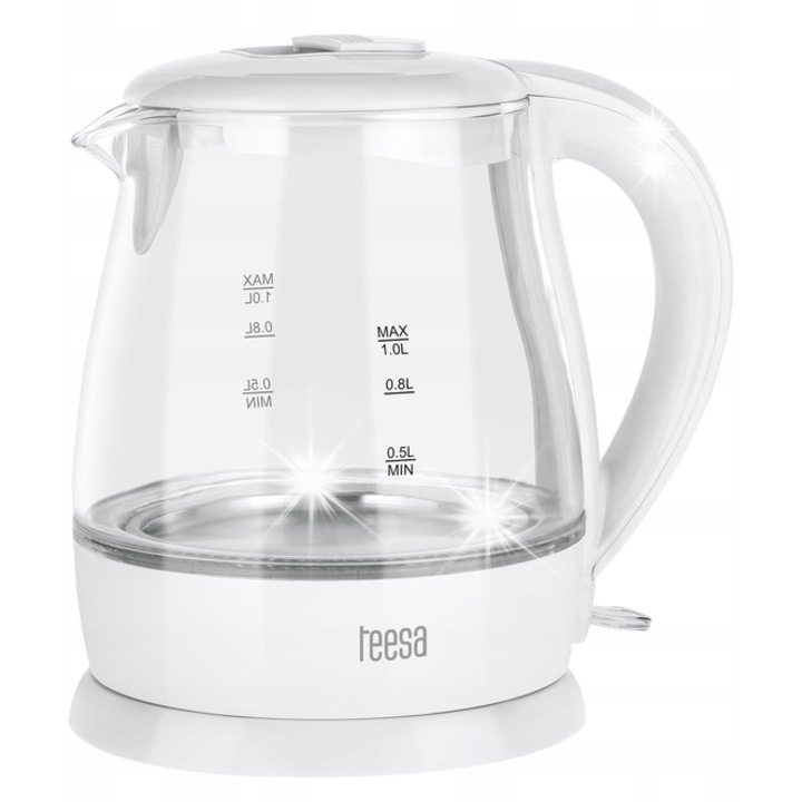Vezeték nélküli vízforraló Teesa TSA1030, 1l, 2200W, boroszilikát üveg, fehér