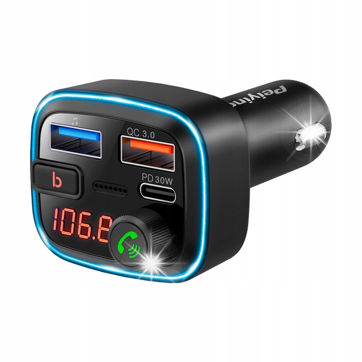Autós FM Transmitter, Bluetooth 5.3, BASS funkció, gyors töltés, 12-24V