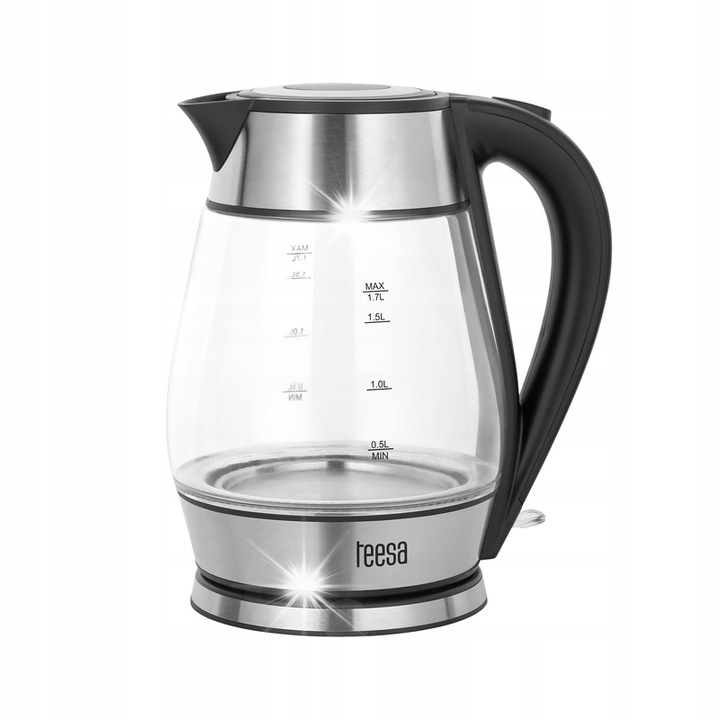 Vezeték nélküli vízforraló Teesa, 1,7L, 2200W, fehér/fekete, boroszilikát üveg