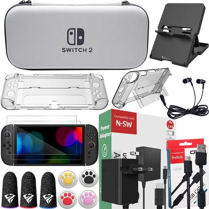 Комплект от 9 аксесоара за Switch OLED, преносим калъф, стъклен протектор за екран, бързо зарядно устройство