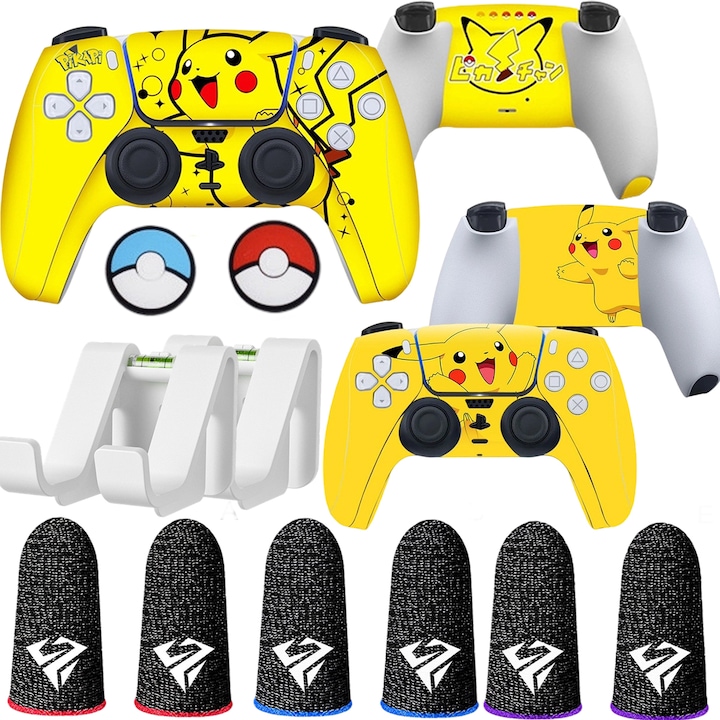 Set accesorii gaming, Pikachu, sticker pentru PS4/PS5, suport controller, manusi protectie pentru degete