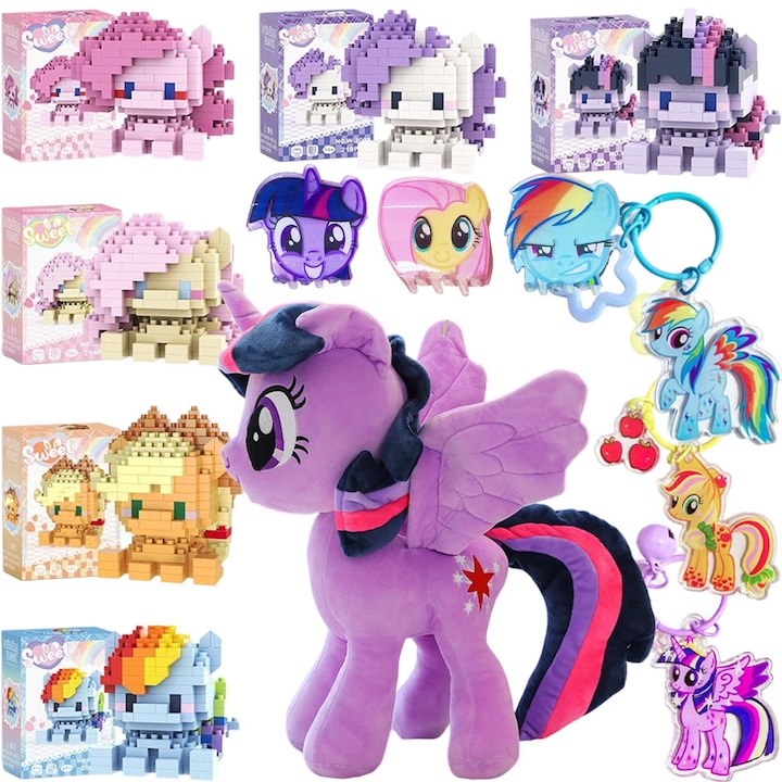 Set de constructie My Little Pony, colectie de 13 piese, 6 blocuri de constructie cu personajele principale + papusa de plus Twilight Sparkle + breloc si pachet cu agrafe de par