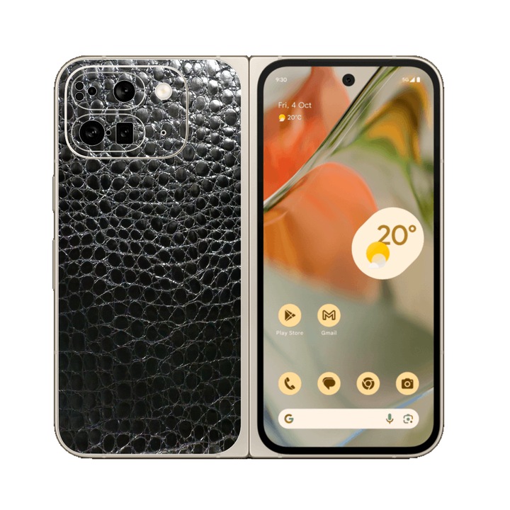 Folie iSkinz pentru Google Pixel 9 Pro Fold - Piele Neagra Crocodil, Split Cut, Skin Adeziv Full Cover, Protectie Carcasa Spate si Laterale