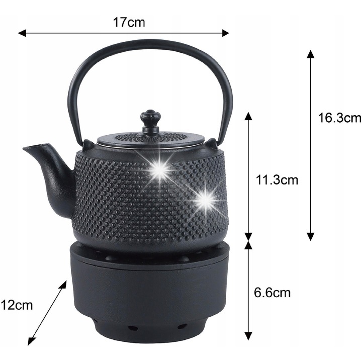 Чайник от чугун с филтър и поставка, KINGHoff, 0,8л, 17x12x11,5см, черен