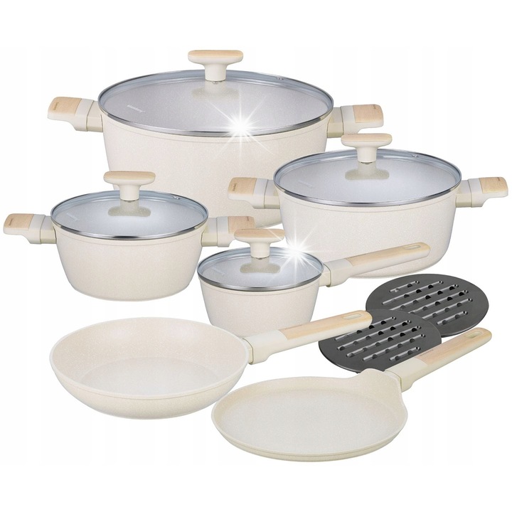 Комплект 12 части тенджери и тигани с мраморно незалепващо покритие Клаусберг, бежов, алуминий, за всички видове котлони