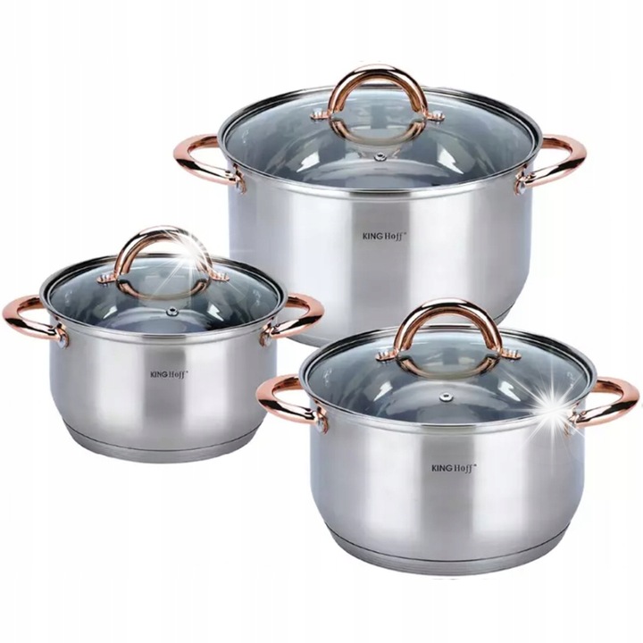 3 darabos Kinghoff rozsdamentes acél edénykészlet, 2,9L, 3,9L, 6,6L, üvegfedővel, hőálló