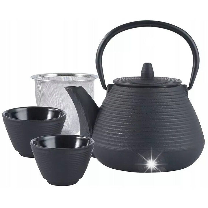 Öntöttvas teáskanna KINGhoff 1L szűrővel, 2 csészével, fekete, 18x14,5x14cm