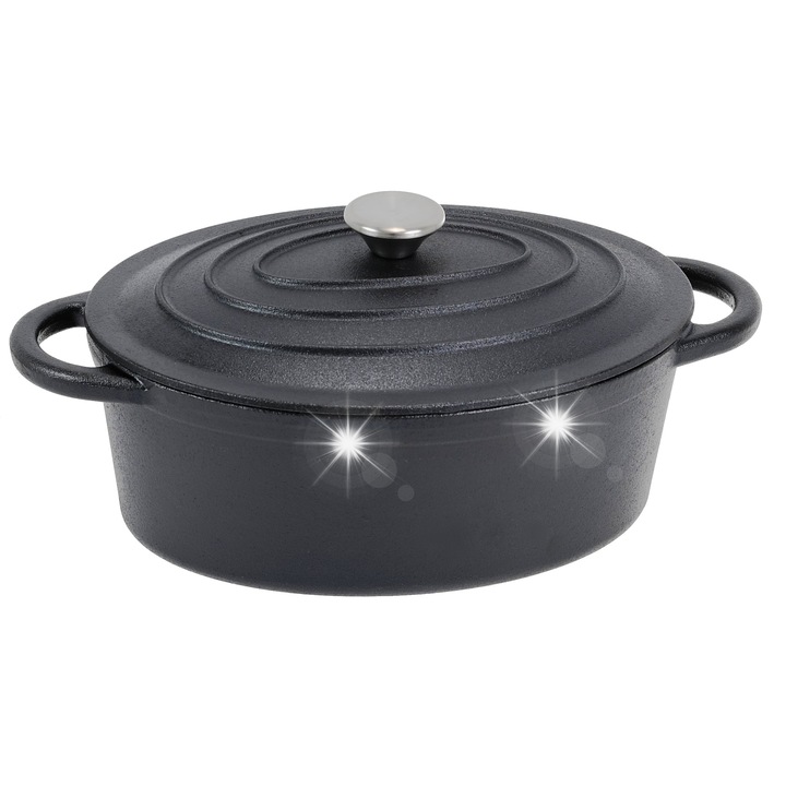 Mély öntöttvas serpenyő fedővel, Krisberg, 4,7L, 38x23x17cm, nehéz, magas hőmérsékletnek ellenálló