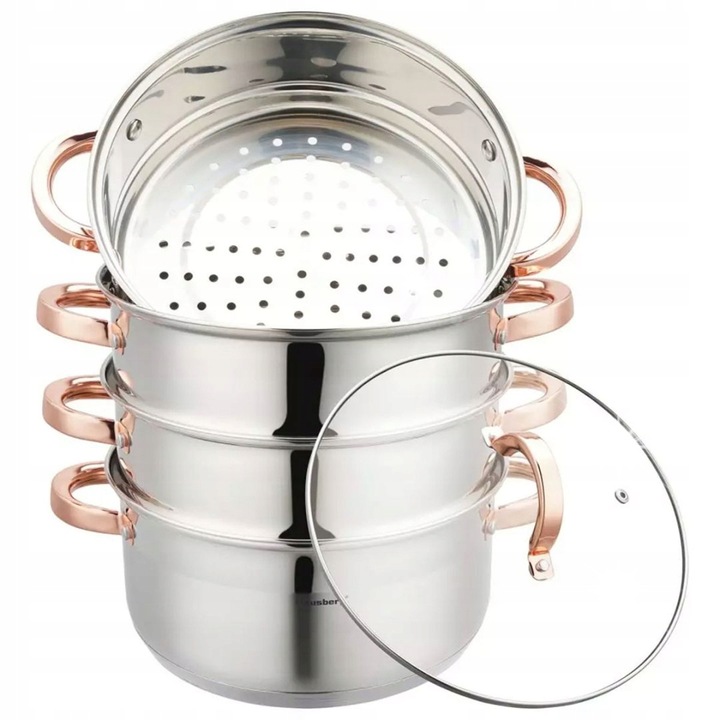 Комплект тенджери Klausberg 5Л, 24см, 3 вложки, инокс, розово злато