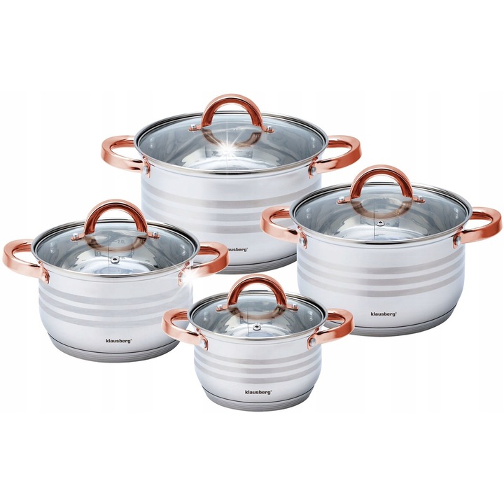Klausberg rozsdamentes acél edénykészlet, 8 részes, 2,1-6,6L, ezüst/rozéarany, indukciós