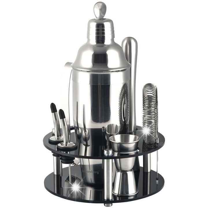 Bártender szett 9 részes, shaker 720 ml, állvány, adagoló, mérőpohár, ezüst