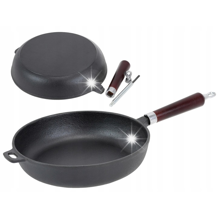 Serpenyő, öntöttvas, 26 cm, levehető fogantyú és fedő, minden típusú főzőlaphoz, 50x26x5,5 cm