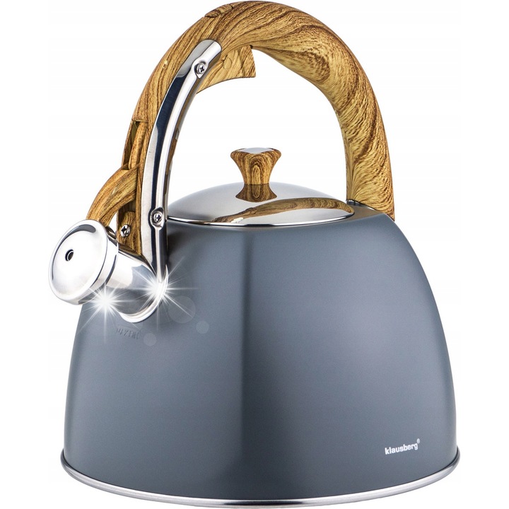 Чайник Клаусберг 3.0Л, неръждаема стомана, матов сив, със свирка, за всички видове котлони