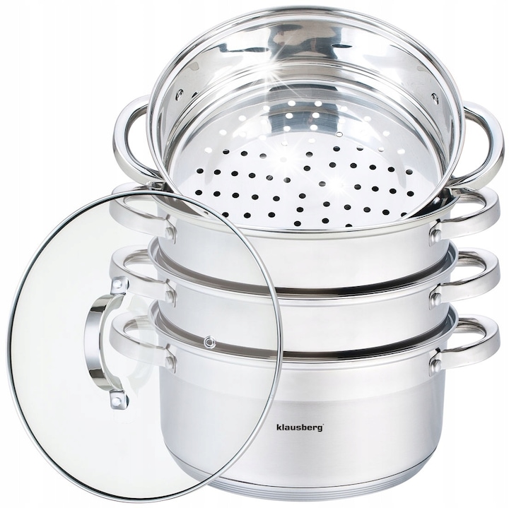 Комплект 5 части тенджери от неръждаема стомана KLAUSBERG, 24 см, сребрист, капак, 3 приставки за готвене на пара