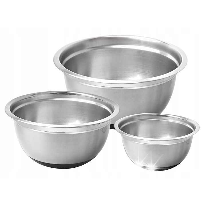 Klausberg 3 db-os rozsdamentes acél keverőtál készlet, szilikon aljjal, 1.6L, 3.0L, 5.0L, matt ezüst