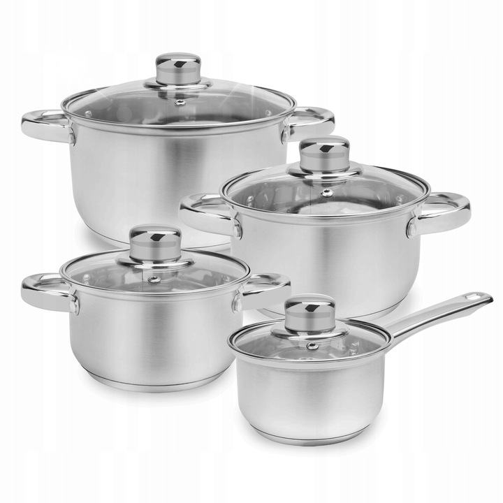 Комплект иноксови тенджери Бахама, 8 части, с капаци, 14x8.5см, 16x9.5см, 18x11см, 22x12.5см