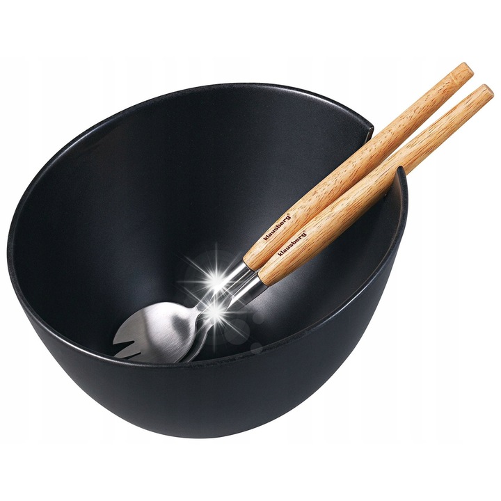 Salátástál, Klausberg, 23,5x11,5-15,5cm, fekete, szett 2 db rozsdamentes acél kanállal, fa nyéllel