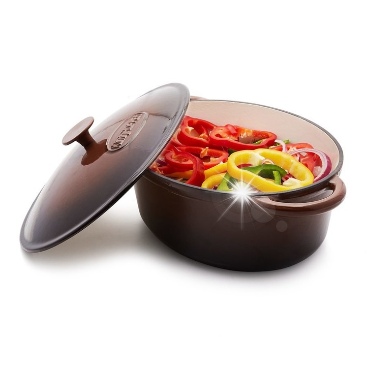 Zománcozott öntöttvas libasütő fedővel, 6,5L, bronz, 43x28x17cm, szett